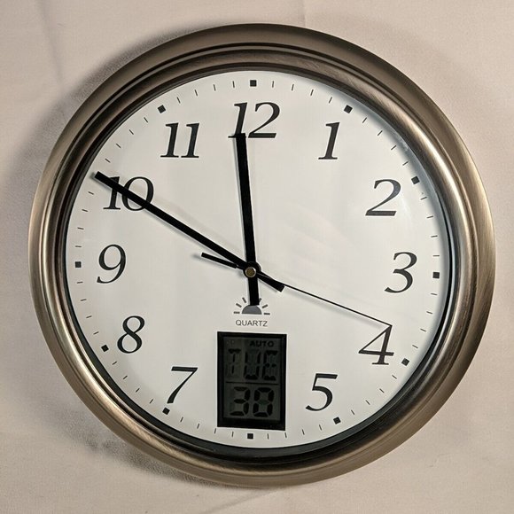 Nexxtech Quartz Analog Clock Digital Date Day Auto Wind Wall Decor Silver 12" - Picture 1 of 13